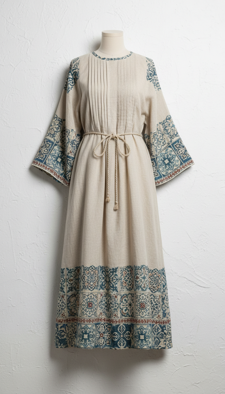 Flowing Linen Dress With Azure Tile Accents